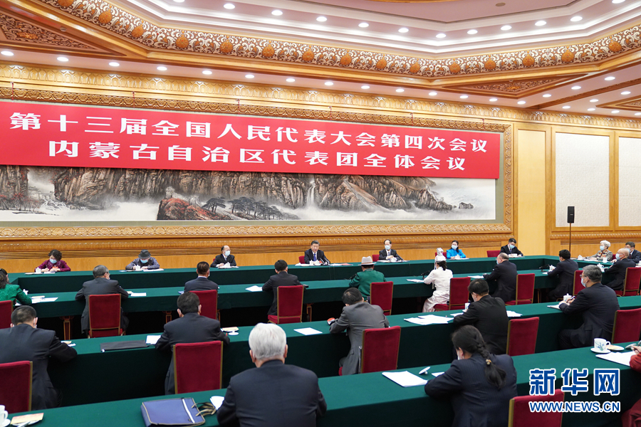 3月5日,中共中央总书记、国家主席、中央军委主席习近平参加十三届全国人大四次会议内蒙古代表团的审议。新华社记者 李学仁 摄
